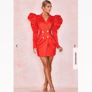 House of Cb RED EXAGGERATED SLEEVE TUX DRESS
